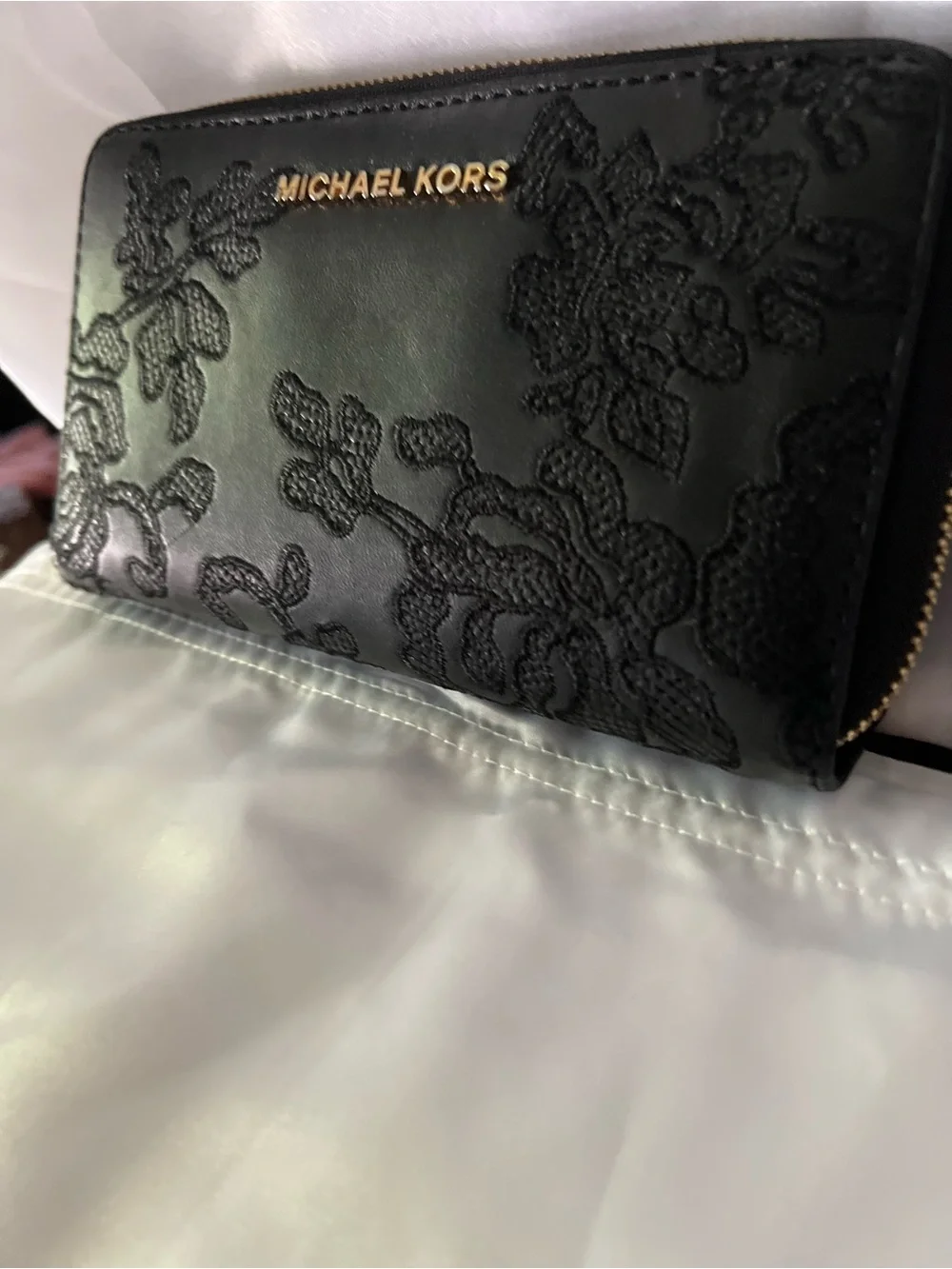 Michael Kors Black Floral Lace Zip-Around Wallet with Gold Logo